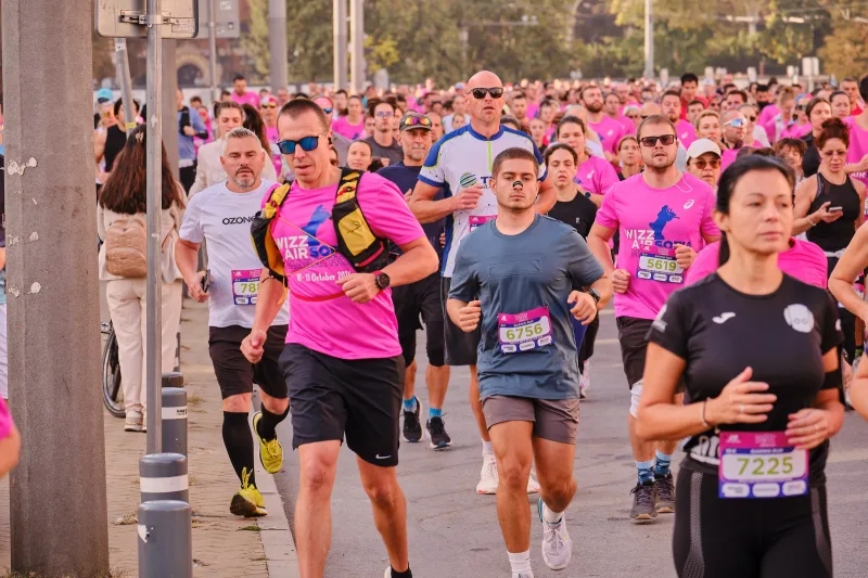 A group of runners in pink and blue passing beside the tram tracks.